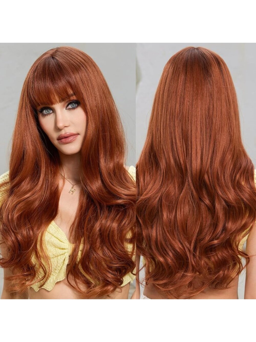 Women's Orange Heat Resistant Long Curly Wavy Synthetic Wig with Bangs Size 26In